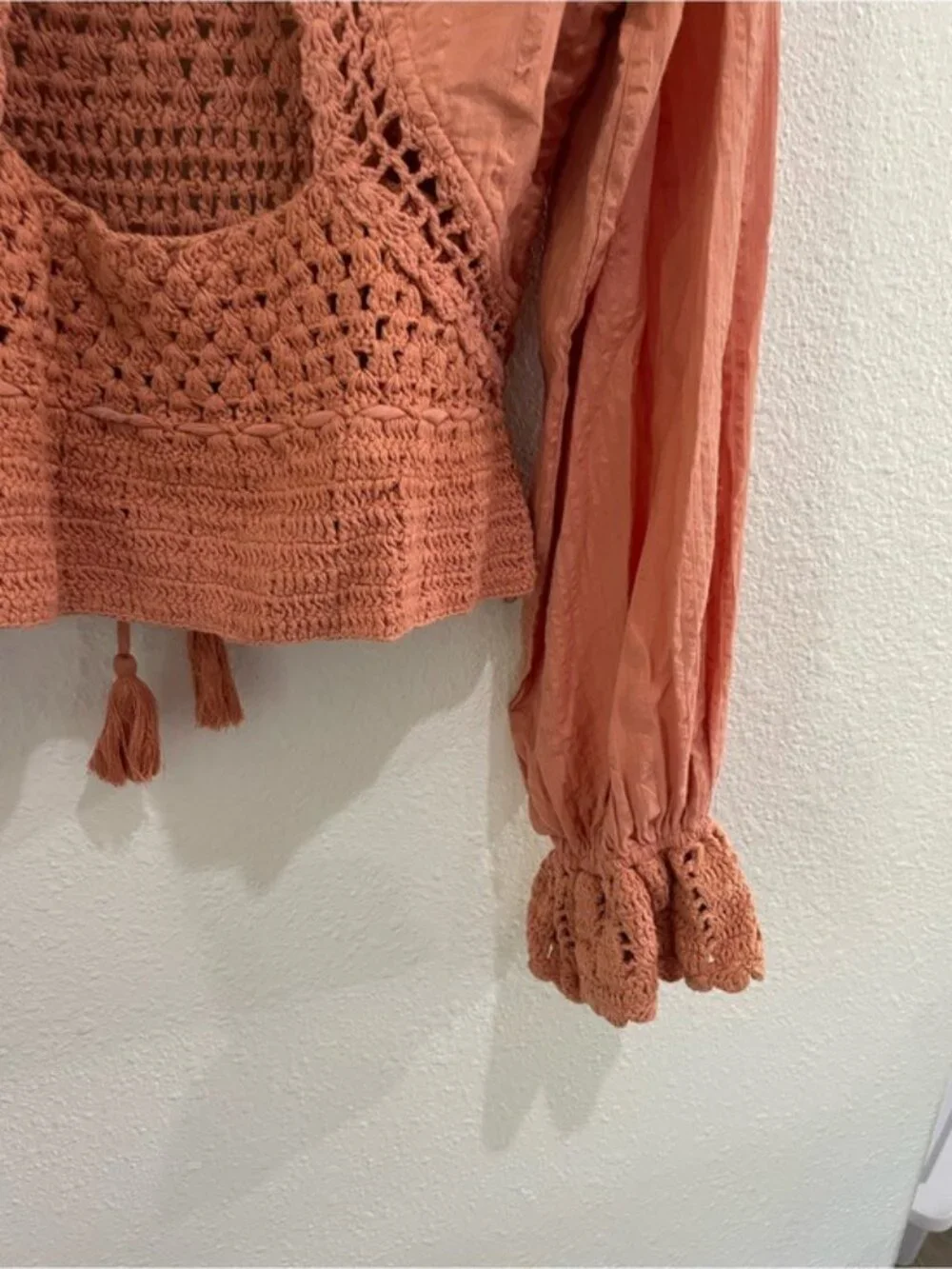 Free People Crochet Feminine Long Sleeve Top Boho Puff Sleeve Vintage